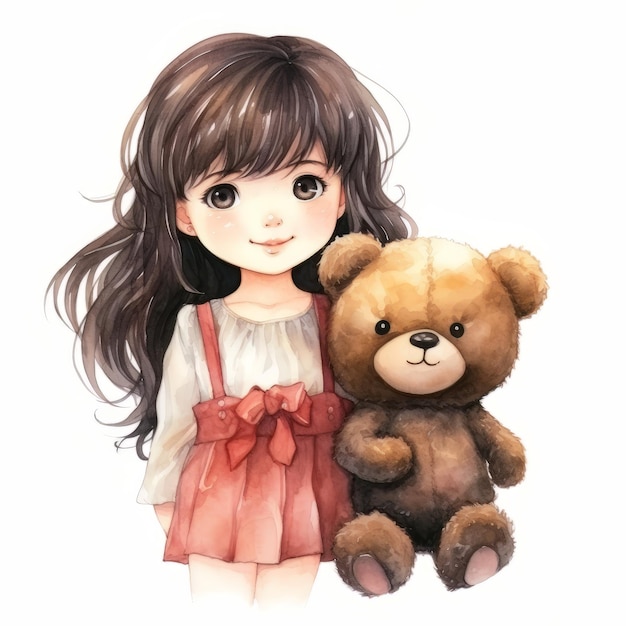 Mignonne petite fille avec ours en peluche isolé sur fond blanc