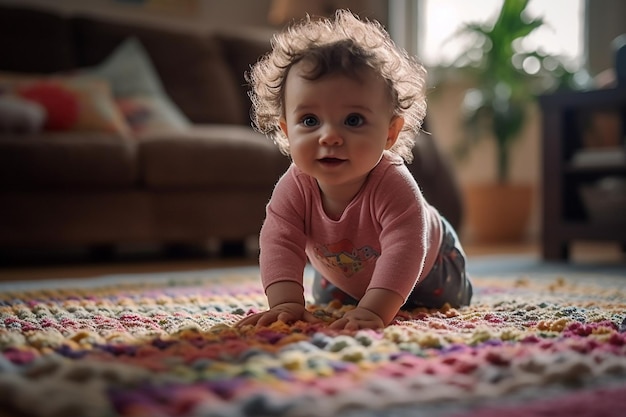 Mignonne petite fille rampant sur un tapis dans le salon