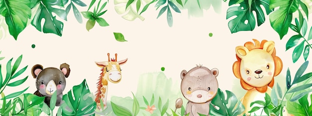 Les mignons animaux de la jungle regardent à travers le feuillage Illustration à l'aquarelle pour enfants