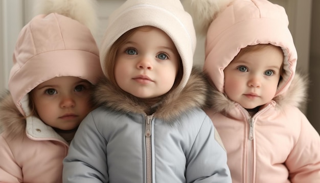 Mignons bébés garçons et filles souriants jouant joyeusement en hiver générés par l'intelligence artificielle