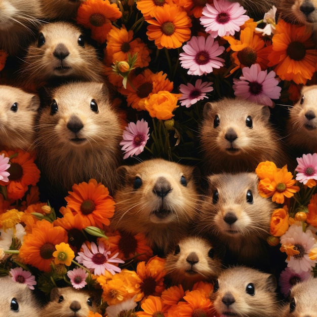 De mignons bébés marmottes aux couleurs vives et aux fleurs de printemps au motif homogène