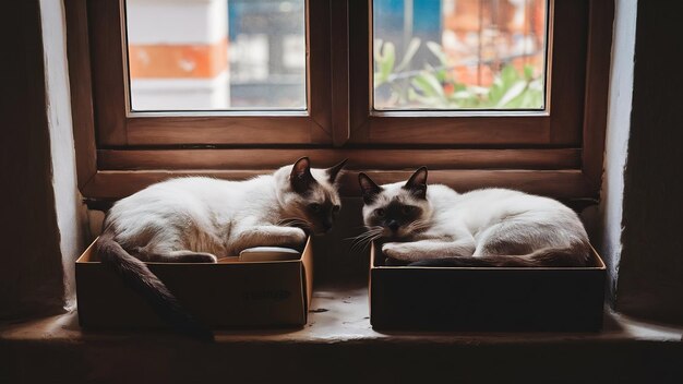 Photo de mignons chats siamois allongés dans des boîtes près de la fenêtre.