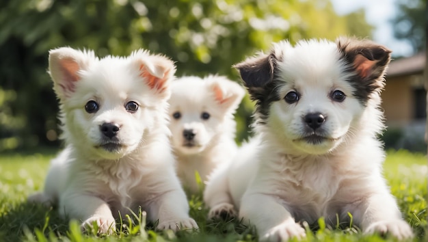 de mignons chiots sur une pelouse avec de l'herbe par une journée ensoleillée