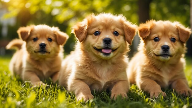 de mignons chiots sur une pelouse avec de l'herbe par une journée ensoleillée