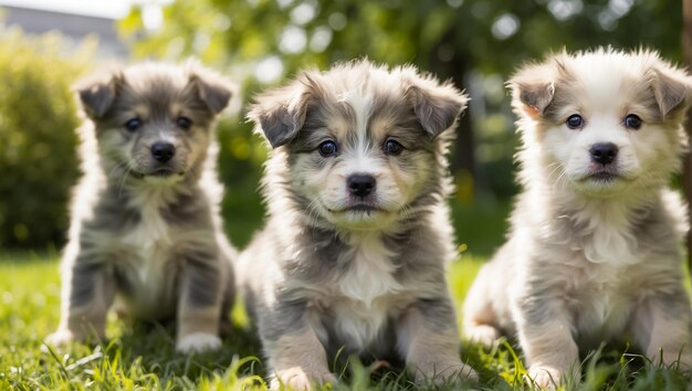 de mignons chiots sur une pelouse avec de l'herbe par une journée ensoleillée