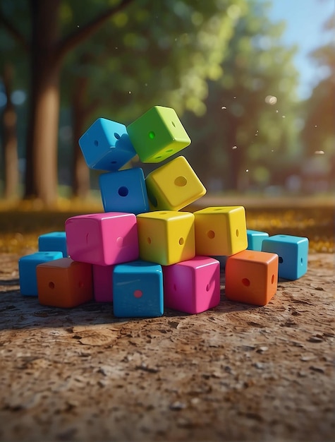 De mignons cubes colorés rebondissant sur le sol souriants tandis que leurs bras et leurs jambes pendent vers le bas