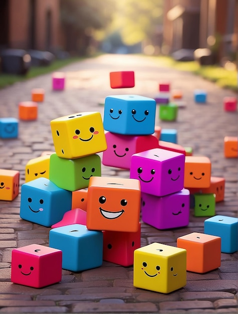 De mignons cubes colorés rebondissant sur le sol souriants tandis que leurs bras et leurs jambes pendent vers le bas