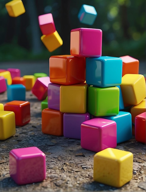 De mignons cubes colorés rebondissant sur le sol souriants tandis que leurs bras et leurs jambes pendent vers le bas