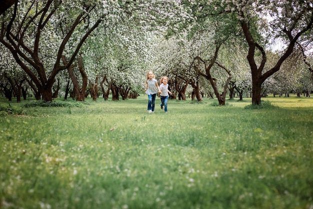 De mignons enfants se tiennent dans un jardin fleuri Deux sœurs se promènent dans le parc au milieu d'un jardin fleuri