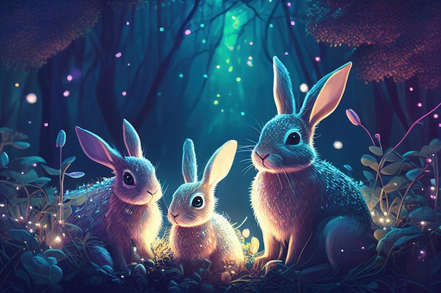 Mignons lapins de Pâques familiaux dans une forêt magique avec des lucioles étincelantes et un style d'illustration aux couleurs vives comme dans un livre de conte de fées