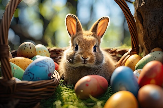 De mignons lapins de Pâques parmi des œufs de couleurs dans des paniers sur une pelouse verte par une journée ensoleillée