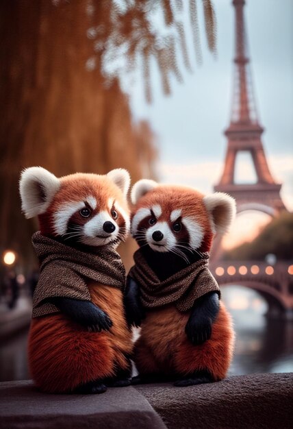 De mignons pandas rouges devant la tour Eiffel générés par l'IA