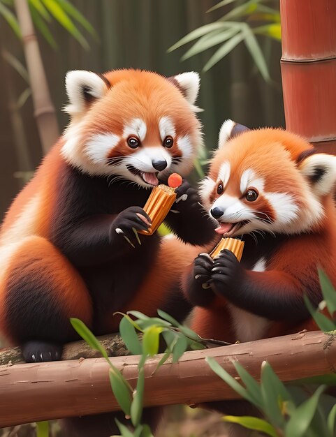 Photo les mignons pandas rouges partagent une collation en bambou