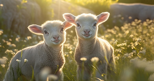 Mignons petits agneaux avec des moutons sur un pré vert frais pendant le lever du soleil Agneaux nouveau-nés dans un champ de fleurs joli paysage d'été