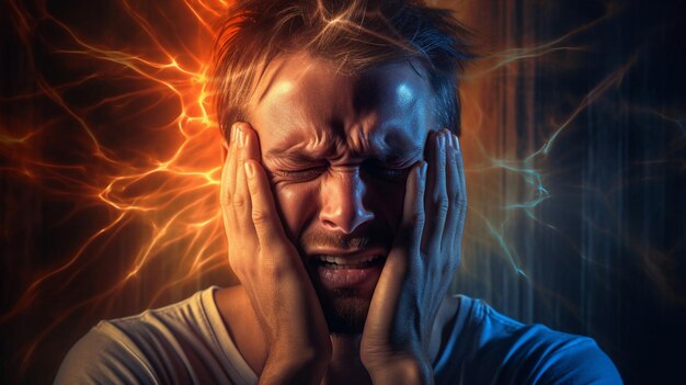 Migraine expression de l'homme stressé déprimé stressé triste mal de tête visage fatigué problème de tête mal de tête jeune adulte santé contrarié personne malheureuse