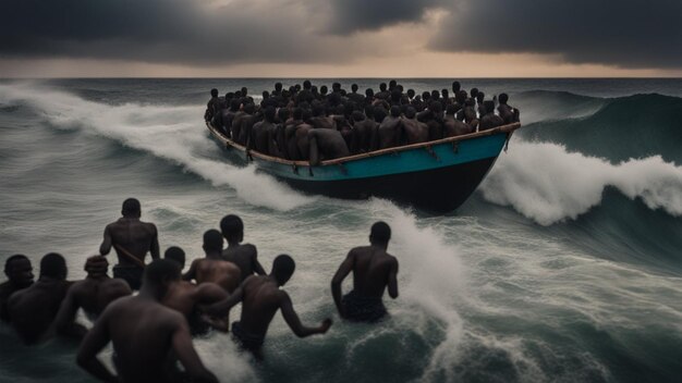 Des migrants africains perdus dans une tempête dangereuse en Méditerranée rêvent d'un avenir européen.