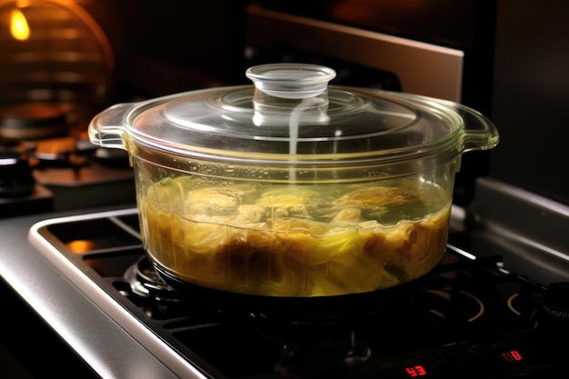 Photo mijoteuse avec condensation sur le processus de cuisson du couvercle en verre