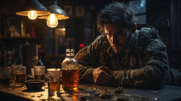 Militaire alcoolique avec une bouteille de whisky et un verre de whisky La dépression après la guerre