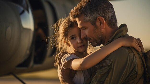 Un militaire embrasse sa fille alors qu'il se réunit.