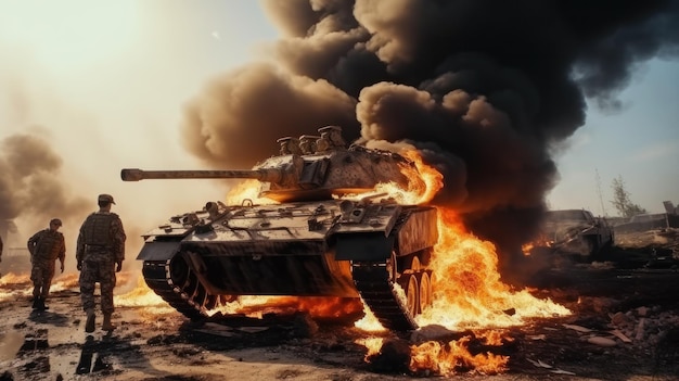 Des militaires blancs sur un char brûlé.