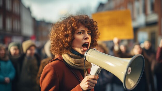 Un militant proteste avec un mégaphone pendant une grève avec un groupe de manifestants en arrière-plan Une femme proteste dans la ville