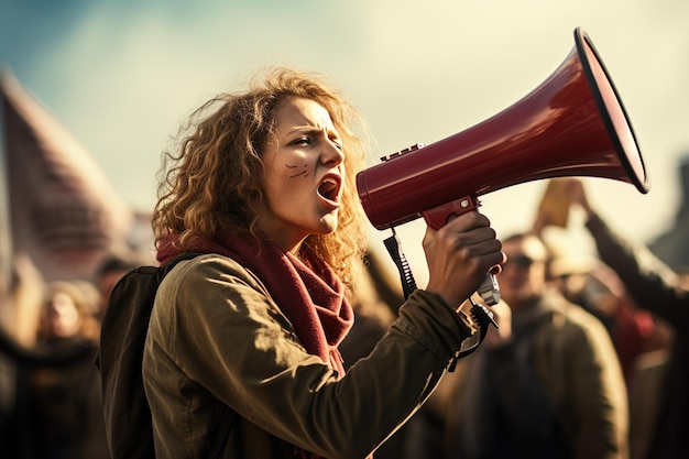 Une militante manifestant avec un mégaphone lors d'une manifestation de rue Generative Ai