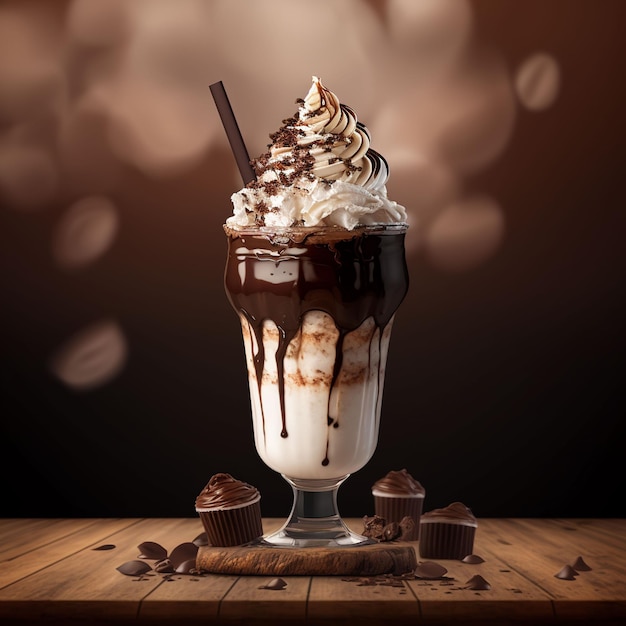 Un milk-shake au chocolat avec de la crème fouettée et des pépites de chocolat sur le dessus.