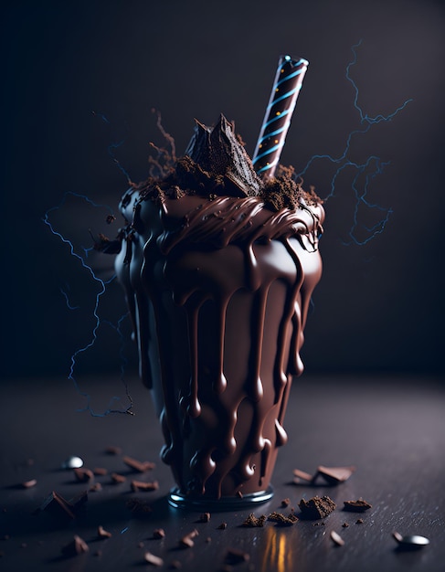 Un milk-shake au chocolat avec une paille à rayures bleues et blanches et le mot glace dessus.