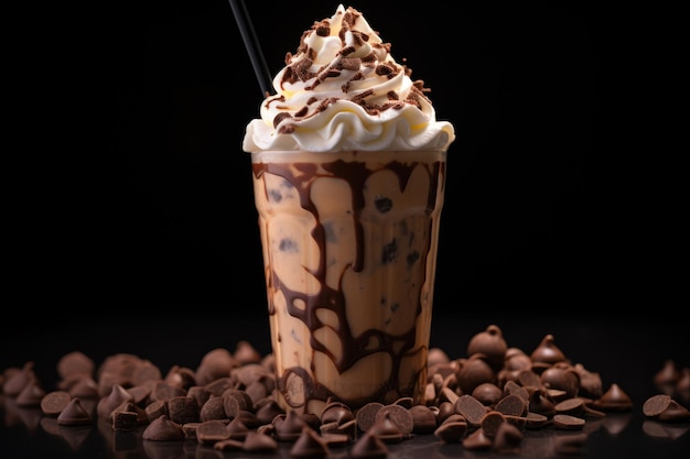 Un milk-shake au chocolat surmonté de crème fouettée et de chips de chocolat générées par l'IA