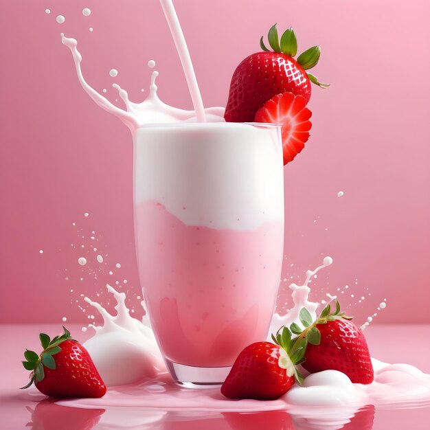 Milk-shake aux fraises avec éclaboussures de lait isolé sur fond rose