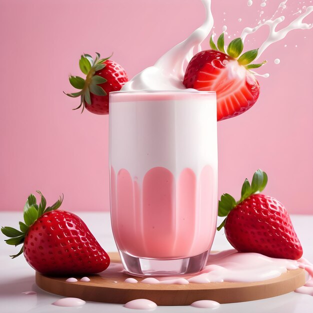 Milk-shake aux fraises avec éclaboussures de lait isolé sur fond rose