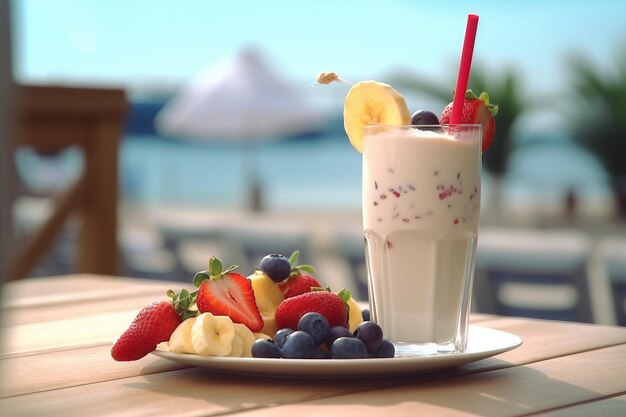 milk-shake aux fruits sur le fond de l'été à la plage