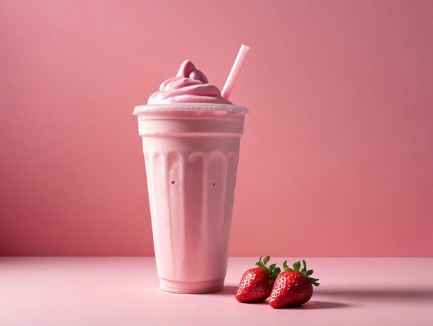 Un milk-shake à la fraise et deux fraises sur un fond rose