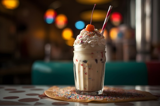 Un milk-shake avec une paille et un arc-en-ciel arrose dessus.