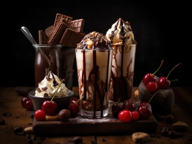 Milkshake au chocolat avec crème fouettée et cerise Generative AI