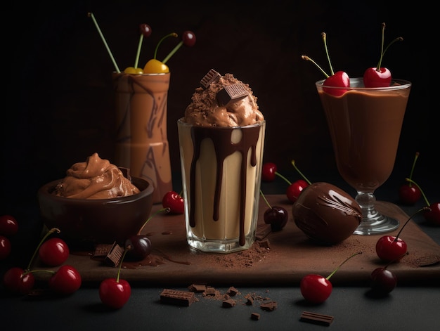 Milkshake au chocolat avec crème fouettée et cerise Generative AI