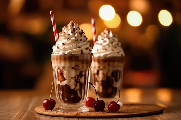 Milkshake au chocolat avec de la crème fouettée et décoré sur le dessus Frais savoureux avec de la sauce dégoulinante au chocolat et aux baies de cerise Generative Ai Technology