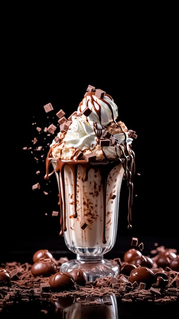 Milkshake au chocolat avec crème fouettée et morceaux de chocolat sur fond noir avec espace de copie