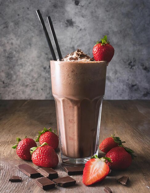 Photo milkshake au chocolat décoré de fraises sur une table en bois smoothie au chocolat