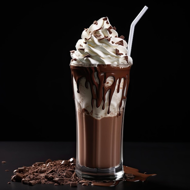 Milkshake au chocolat sur fond noir avec de la crème et des chips de chocolat