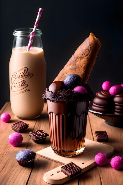 Milkshake au chocolat glacé sur fond sombre