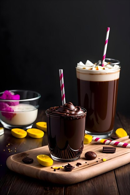 Milkshake au chocolat glacé sur fond sombre