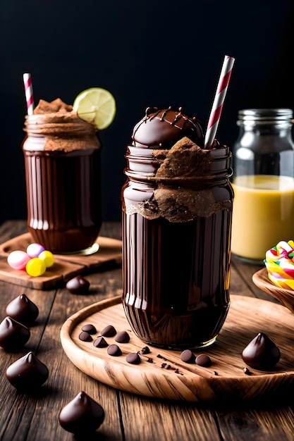 Milkshake au chocolat glacé sur fond sombre