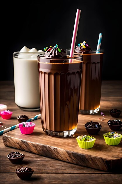 Milkshake au chocolat glacé sur fond sombre