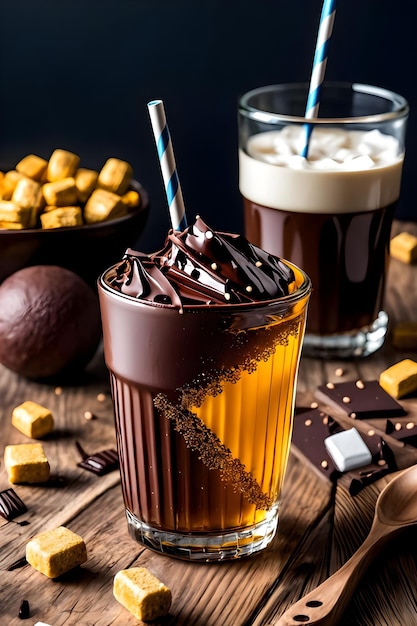 Photo milkshake au chocolat glacé sur fond sombre