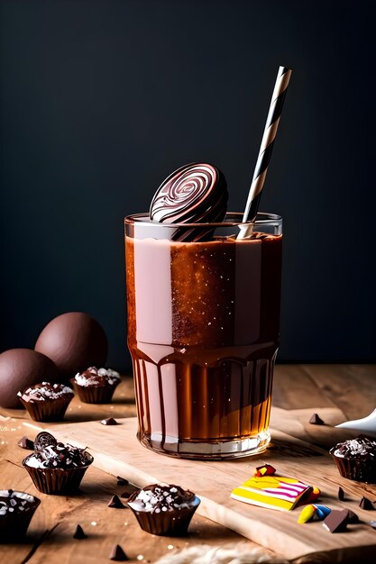 Milkshake au chocolat glacé sur fond sombre