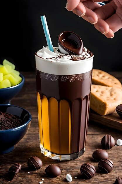 Milkshake au chocolat glacé sur fond sombre