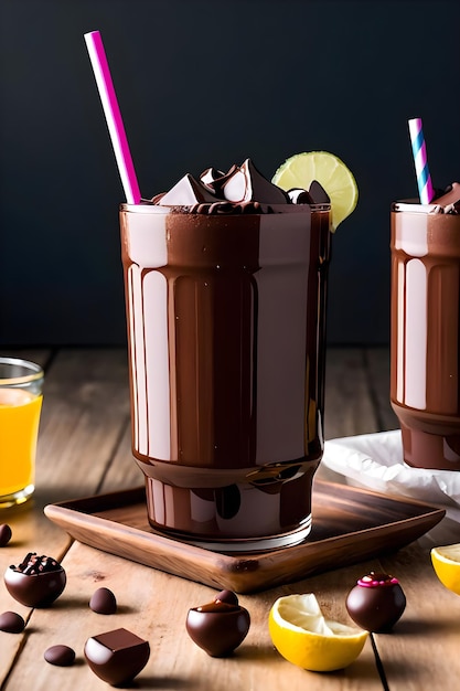 Milkshake au chocolat glacé sur fond sombre