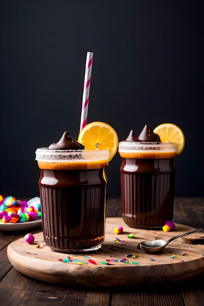 Milkshake au chocolat glacé sur fond sombre