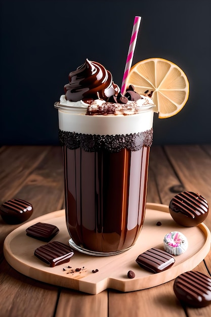 Milkshake au chocolat glacé sur fond sombre